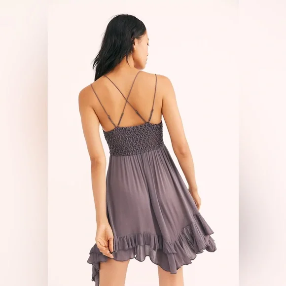 Free People FP One Adella Slip Dress Charcoal Lace Boho Tiered Mini S Petite - Picture 3 of 9